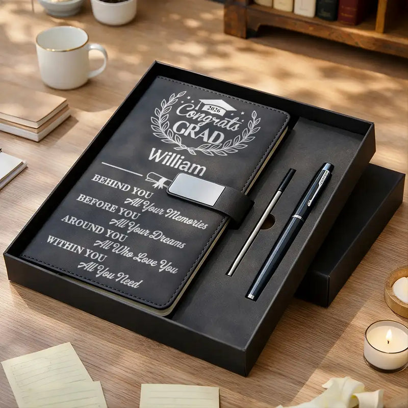 Graduation,Happy,Gift For Yourself,Gift For Women,Gift For Men,Gift For Daughter,Gift For Son,Gift For Sisters,Gift For Sibling,Gift For Brothers,Gift For Bestie - Behind You All Memories Congrats Grad - Personalized Leather Notebook Set