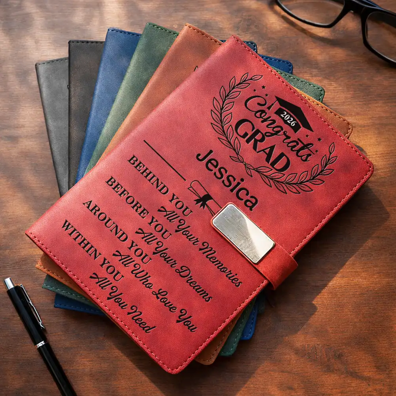 Graduation,Happy,Gift For Yourself,Gift For Women,Gift For Men,Gift For Daughter,Gift For Son,Gift For Sisters,Gift For Sibling,Gift For Brothers,Gift For Bestie - Behind You All Memories Congrats Grad - Personalized Leather Notebook Set