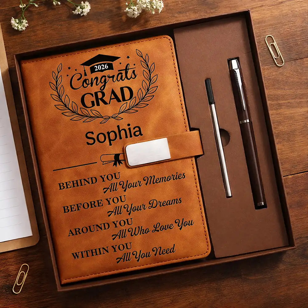 Graduation,Happy,Gift For Yourself,Gift For Women,Gift For Men,Gift For Daughter,Gift For Son,Gift For Sisters,Gift For Sibling,Gift For Brothers,Gift For Bestie - Behind You All Memories Congrats Grad - Personalized Leather Notebook Set