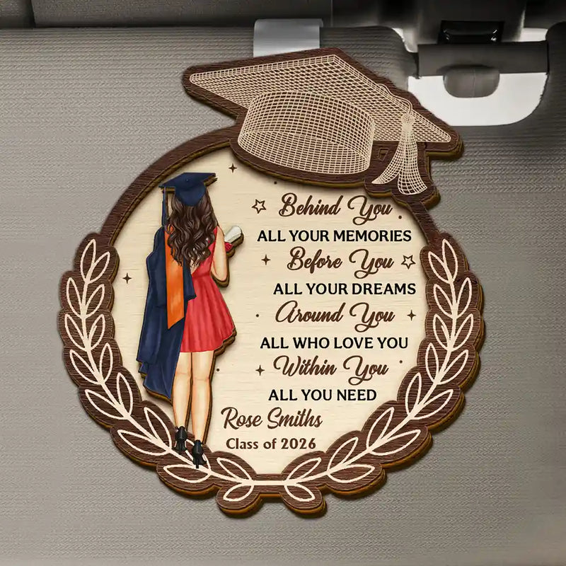 Graduation,Gift For Daughter,Gift For Son,Gift For Grandkids,Happy - Behind You All Your Memories - Personalized Custom Shaped Car Visor Clip