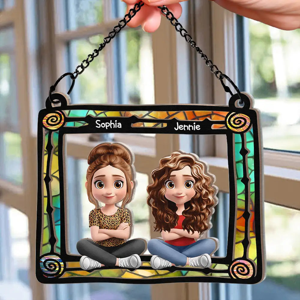Gift For Bestie,Happy - Best Friend Sitting By The Window - Personalized Window Hanging Suncatcher Ornament