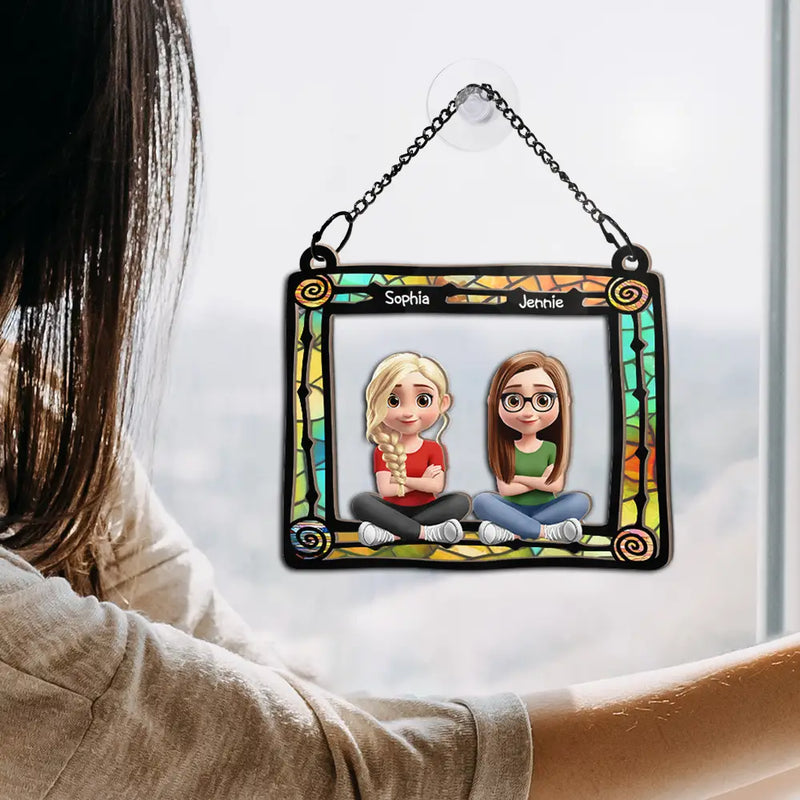 Gift For Bestie,Happy - Best Friend Sitting By The Window - Personalized Window Hanging Suncatcher Ornament