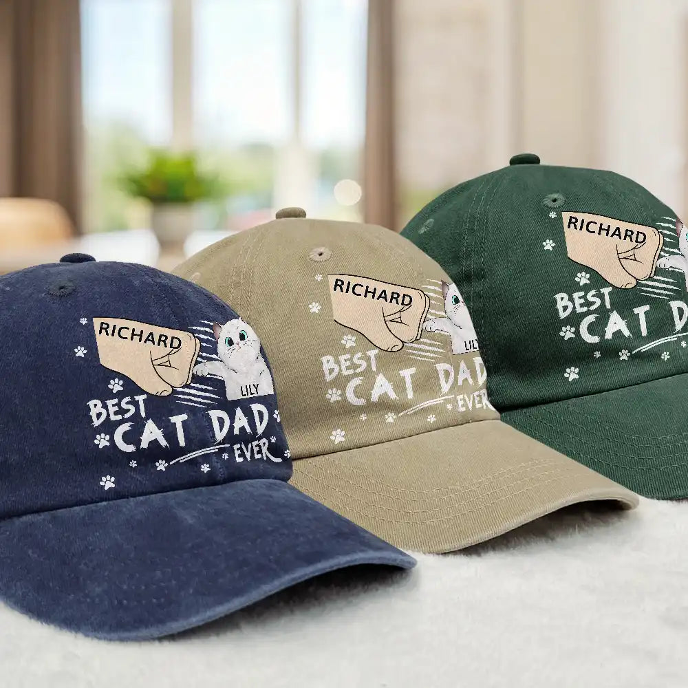 Cat Lovers,Cat Dad,Funny - Best Cat Dad Ever - Personalized Vintage Washed Denim Cap