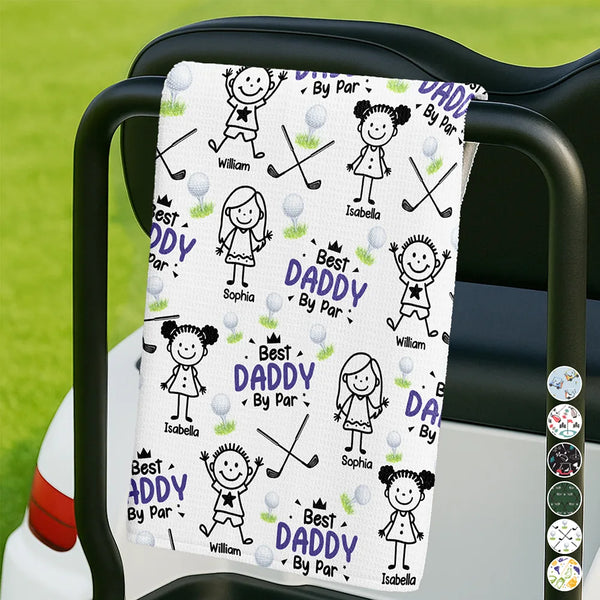Happy, Golf, Dad's Hobby, Sport Dad, Gift For Father, Gift For Grandpa, Grandpa's Hobby, Gift For Husband - Best Dad By Par Stick Figures Kid Pet - Personalized Golf Towel