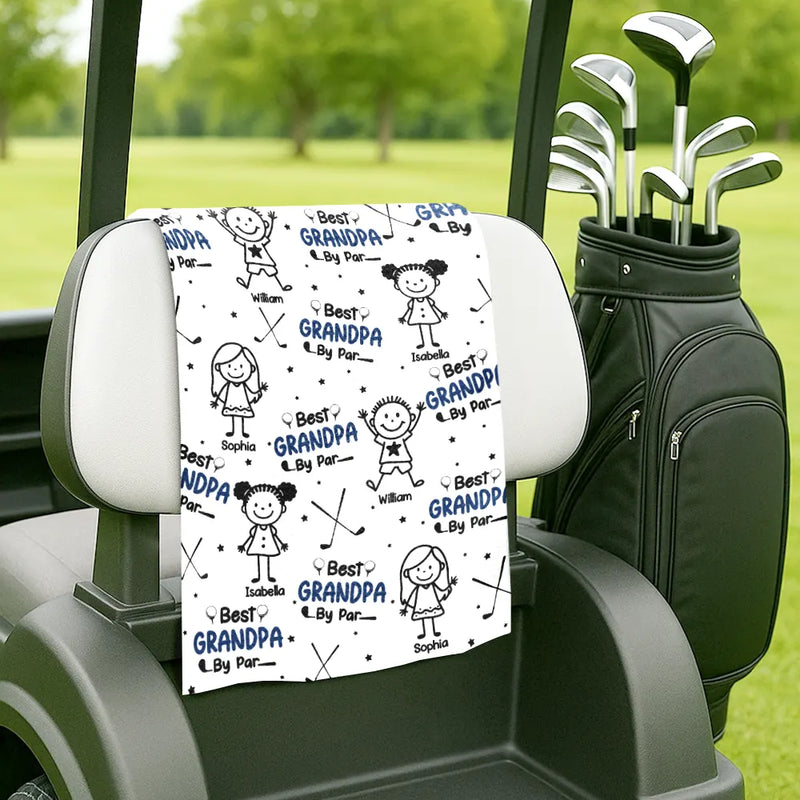 Happy,Golf,Dad's Hobby,Sport Dad,Gift For Father,Gift For Grandpa,Grandpa's Hobby,Gift For Husband - Best Dad By Par Stick Figures Kid & Pet - Personalized Golf Towel