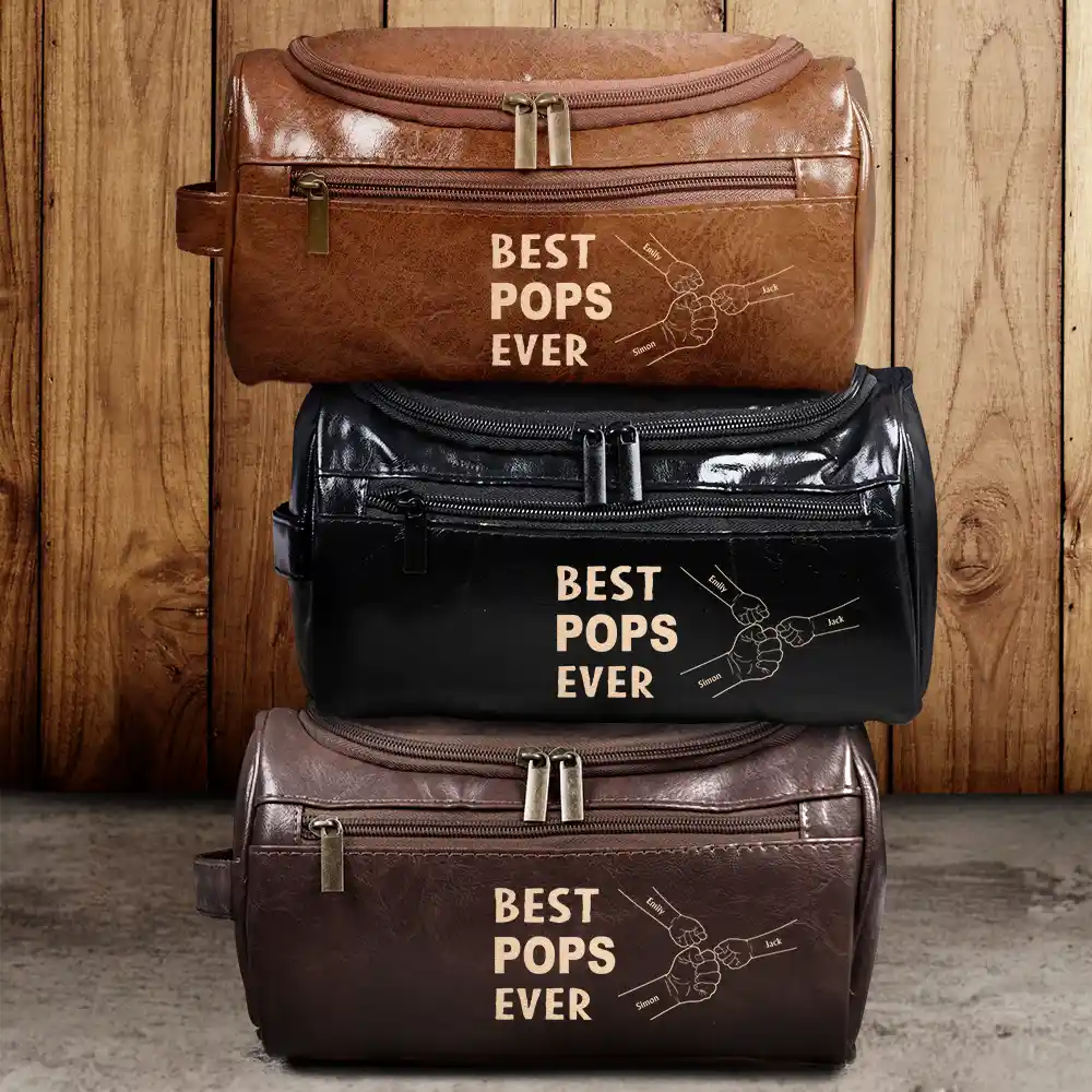 Gift For Yourself,Gift For Men,Gift For Grandpa,Gift For Father,Dad,Children - Best Dad Ever Fist Bump - Personalized Leather Toiletry Bag