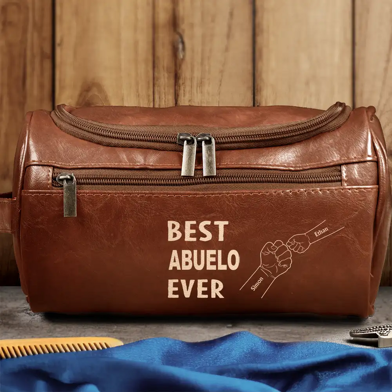 Gift For Yourself,Gift For Men,Gift For Grandpa,Gift For Father,Dad,Children - Best Dad Ever Fist Bump - Personalized Leather Toiletry Bag