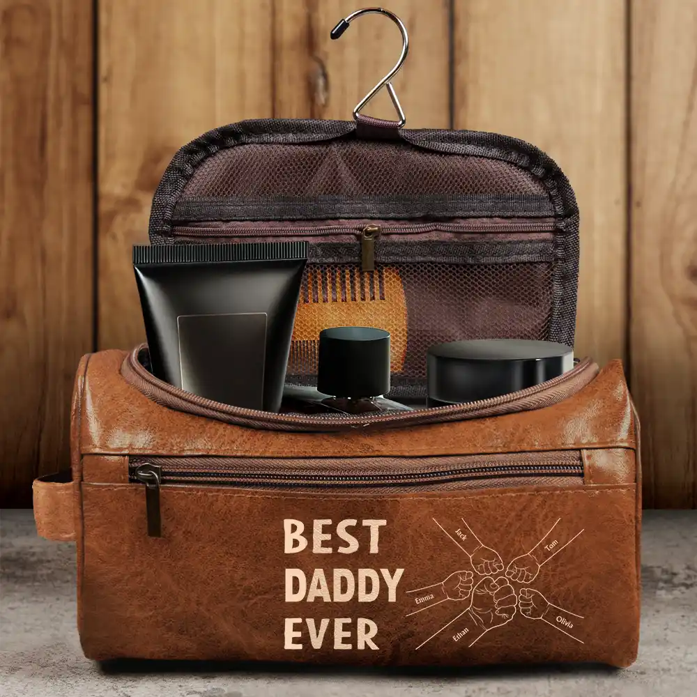 Gift For Yourself,Gift For Men,Gift For Grandpa,Gift For Father,Dad,Children - Best Dad Ever Fist Bump - Personalized Leather Toiletry Bag