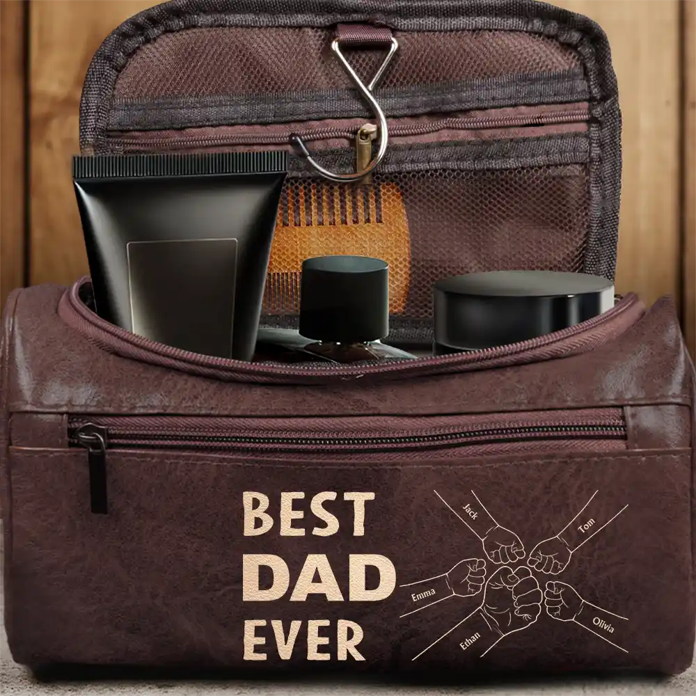 Gift For Yourself,Gift For Men,Gift For Grandpa,Gift For Father,Dad,Children - Best Dad Ever Fist Bump - Personalized Leather Toiletry Bag
