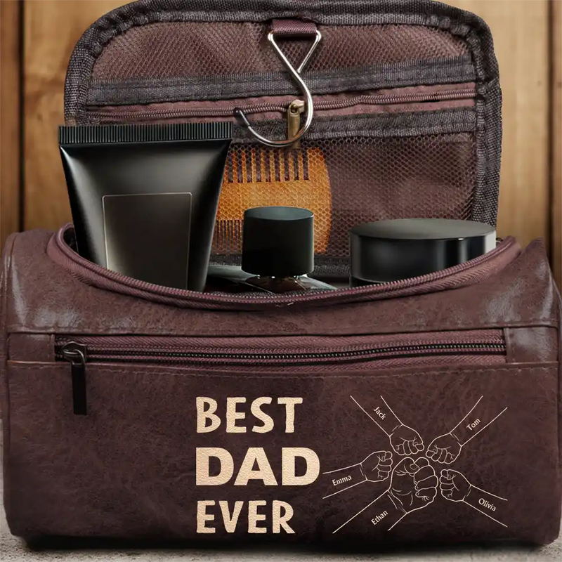 Gift For Yourself,Gift For Men,Gift For Grandpa,Gift For Father,Dad,Children - Best Dad Ever Fist Bump - Personalized Leather Toiletry Bag