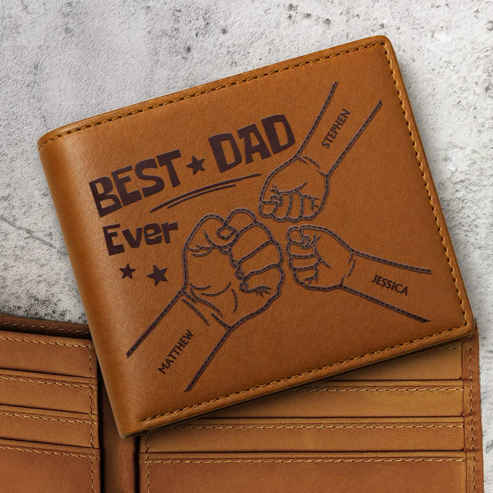 Best Dad Ever Fist Punch Faux-Stitched Effect - Personalized Leather Wallet