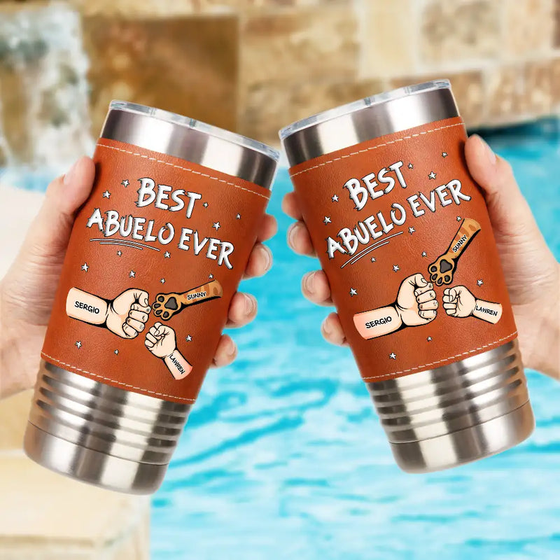 Gift For Father,Gift For Grandpa,Happy - Best Dad Ever Pet And Kid Hand Punch - Personalized Leather Tumbler