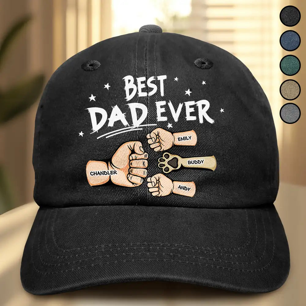 Best Dad Ever Pet And Kid Hand Punch Colorful - Personalized Vintage Washed Denim Cap
