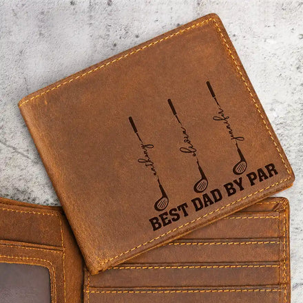 Best Dad Grandpa By Par Golf Clubs - Personalized Engraved Leather Wallet
