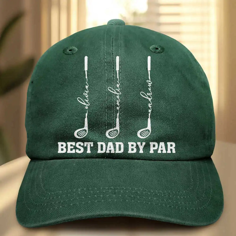 Gift For Grandpa,Gift For Father,Golf,Non-Eng,Icon,Proud - Best Dad Grandpa By Par Golf Clubs - Personalized Vintage Washed Denim Cap