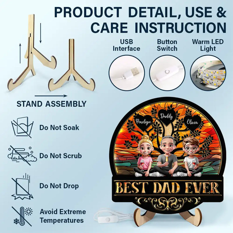 Gift For Father, Gift For Grandpa, Happy - Best Dad Grandpa Ever - Personalized LED Light Wooden Plaque