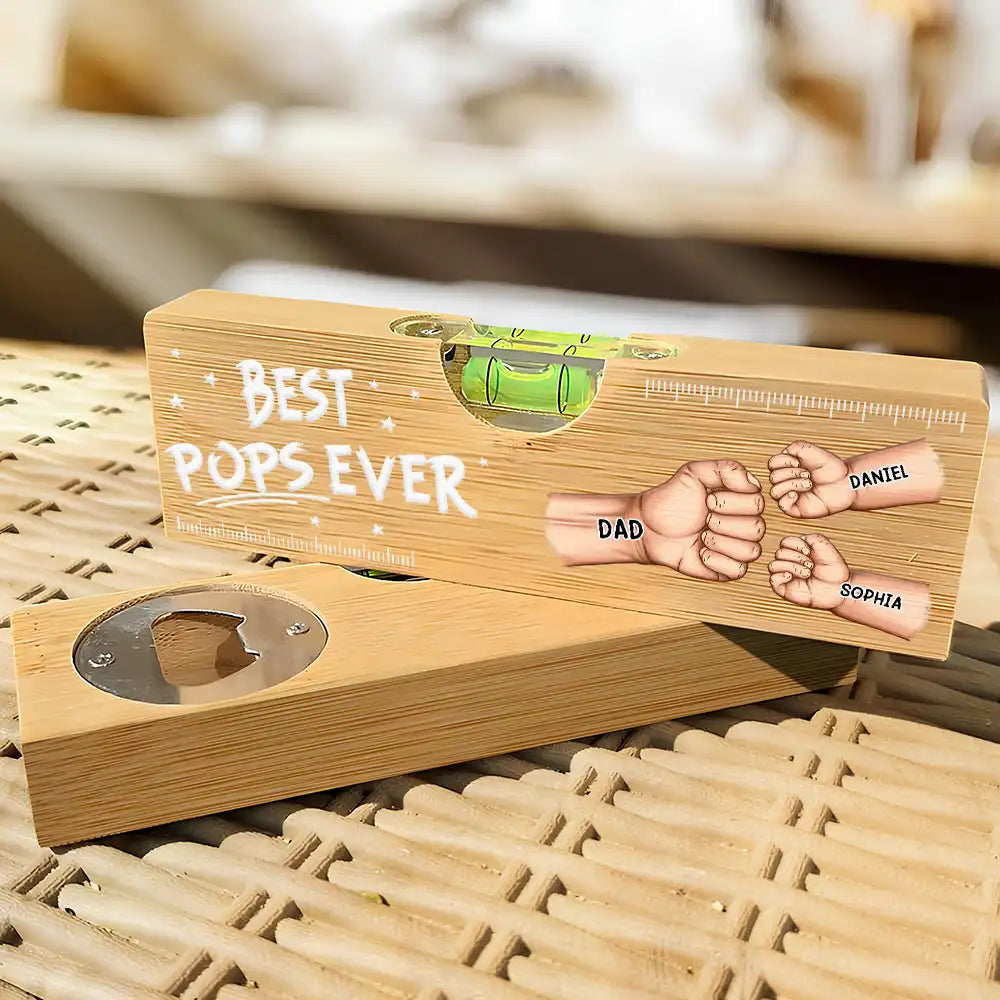 Gift For Father,Gift For Grandpa - Best Dad Grandpa Ever Fist Bump - Personalized Bottle Opener Wood Level