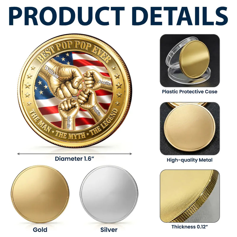 Top Market, Gift For Father, Gift For Grandpa, Gift For Men, Happy, con - Best Dad Grandpa Ever Fist Bump With Kids - Personalized Coin