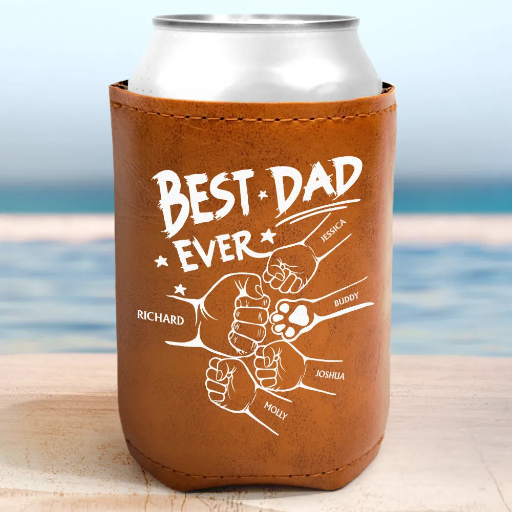 Gift For Father,Gift For Grandpa,Gift For Husband,Gift For Men,Happy - Best Dad Grandpa Ever Sketch - Personalized Leather Can Cooler
