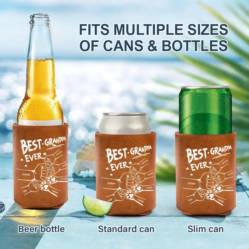 Gift For Father,Gift For Grandpa,Gift For Husband,Gift For Men,Happy - Best Dad Grandpa Ever Sketch - Personalized Leather Can Cooler