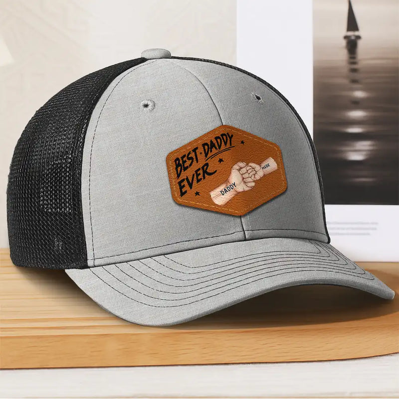 Gift For Father,Gift For Grandpa - Best Dad Grandpa Papa Ever Fist Bump - Personalized Leather Patch Hat