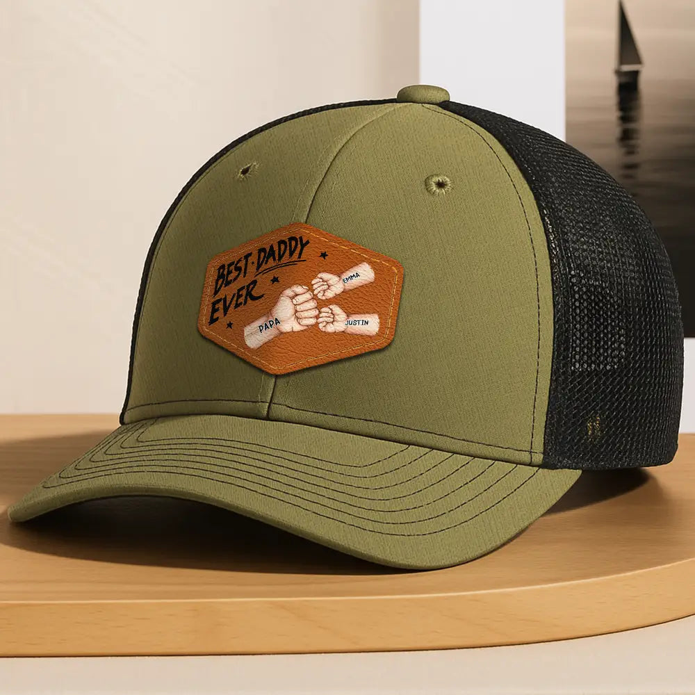 Gift For Father,Gift For Grandpa - Best Dad Grandpa Papa Ever Fist Bump - Personalized Leather Patch Hat