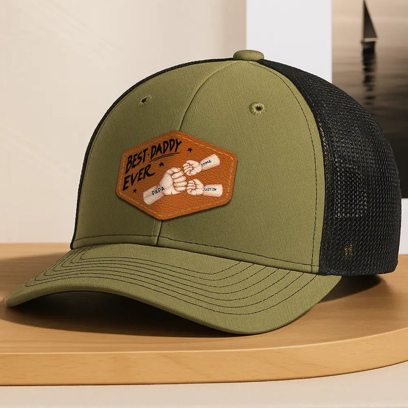 Gift For Father,Gift For Grandpa - Best Dad Grandpa Papa Ever Fist Bump - Personalized Leather Patch Hat