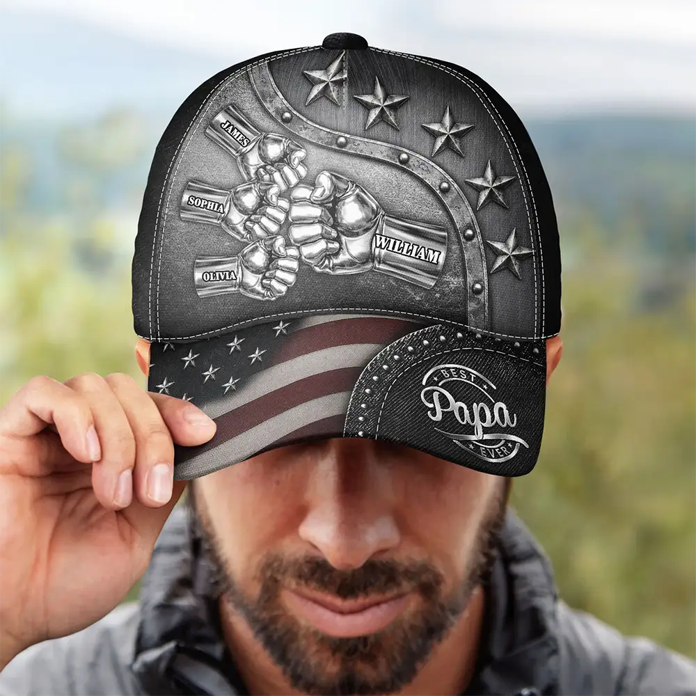 Gift For Grandpa,Gift For Father,Independence Day,Icon,Proud - Best Dad Papa Ever Metal Effect Hand Punch - Personalized Classic Cap
