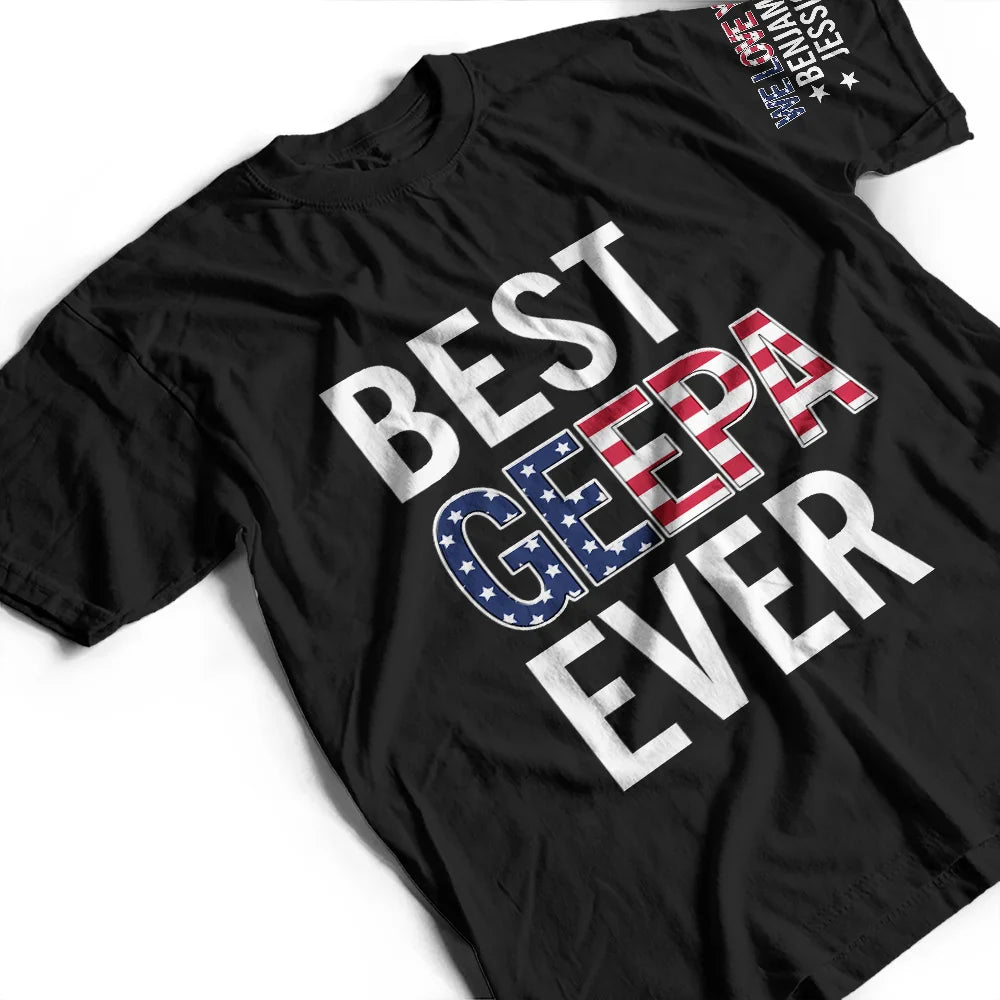 Best Dad Papa Ever Stars And Stripes With Names On Sleeves - Personalized T Shirt