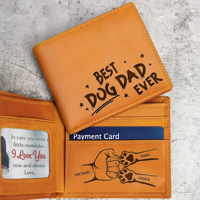 Dog Dad, Dog Lovers, Funny - Best Dog Dad Ever Hand Punch - Personalized Engraved Leather Wallet