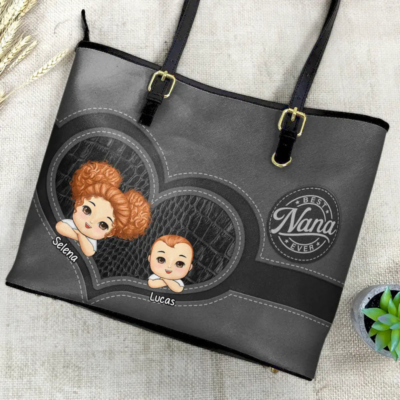 Gift For Grandma, Grandma - Grandkids, Gift For Mother, Happy - Best Mom Ever - Personalized Leather Tote Bag