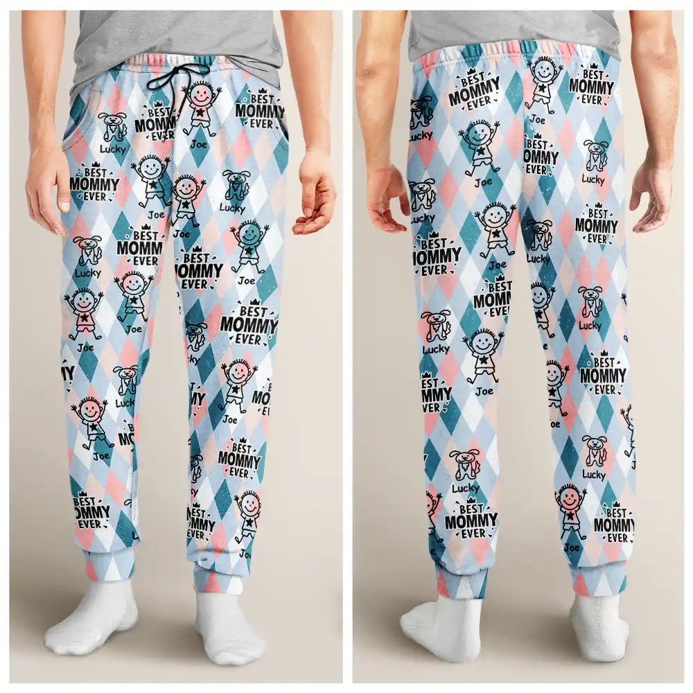 Gift For Grandma,Gift For Mother,Funny,Stick Figure - Best Mom Ever Argyle Plaid - Personalized Pajama Pants