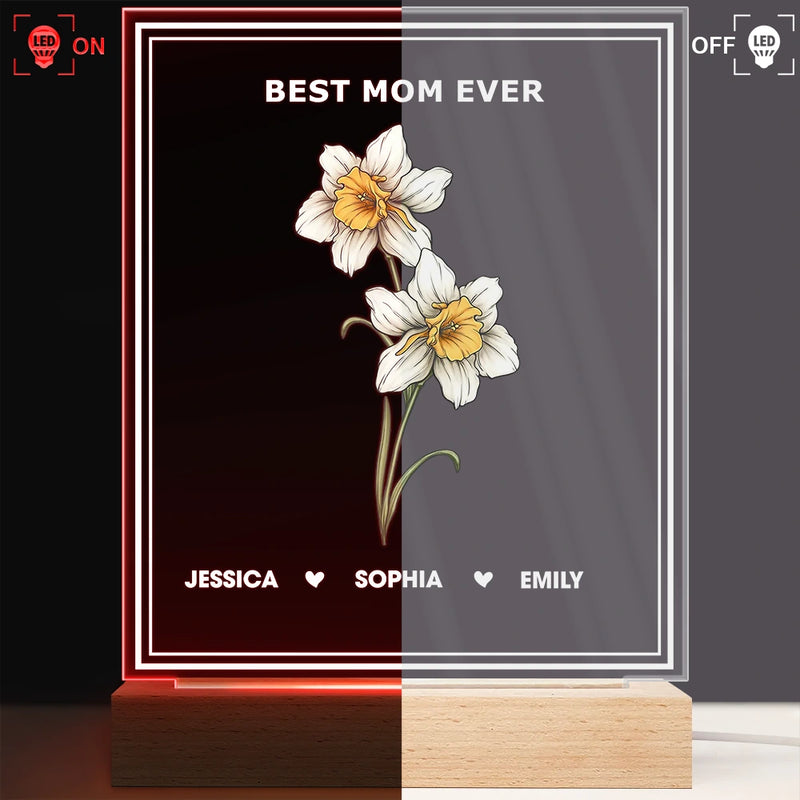 Gift For Mother,Gift For Grandma,Family,Mom - Children,Happy - Best Mom Ever We Love You Birth Month Flower - Personalized 3D Led Light Wooden Base