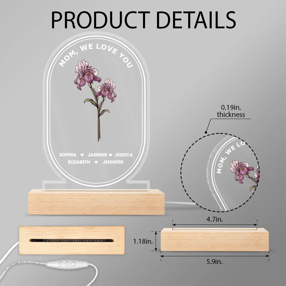 Gift For Mother,Gift For Grandma,Family,Mom - Children,Happy - Best Mom Ever We Love You Birth Month Flower - Personalized 3D Led Light Wooden Base
