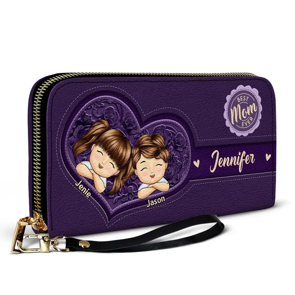 Gift For Mother, Gift For Grandma, Love - Best Mom Nana Ever Cute Chibi Kids Printed Embossed Flowers - Personalized Leather Long Wallet