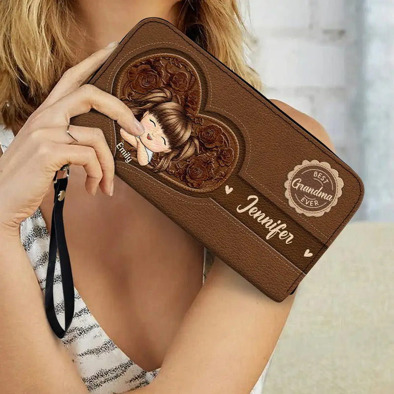 Gift For Mother, Gift For Grandma, Love - Best Mom Nana Ever Cute Chibi Kids Printed Embossed Flowers - Personalized Leather Long Wallet