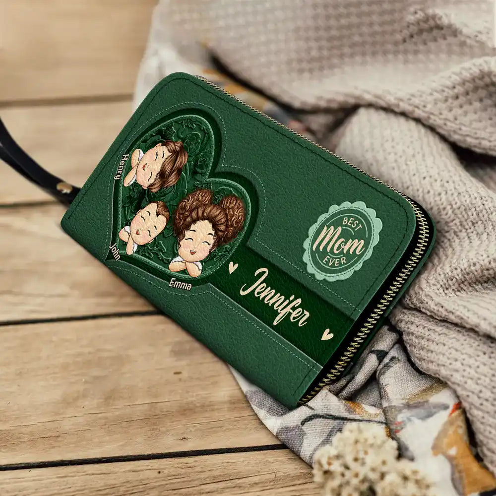 Gift For Mother, Gift For Grandma, Love - Best Mom Nana Ever Cute Chibi Kids Printed Embossed Flowers - Personalized Leather Long Wallet