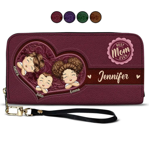 Gift For Mother, Gift For Grandma, Love - Best Mom Nana Ever Cute Chibi Kids Printed Embossed Flowers - Personalized Leather Long Wallet