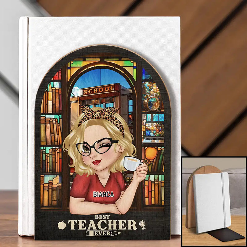 Teacher, Happy, Gift For Yourself - Best Teacher Ever - Personalized Wood Book Ends