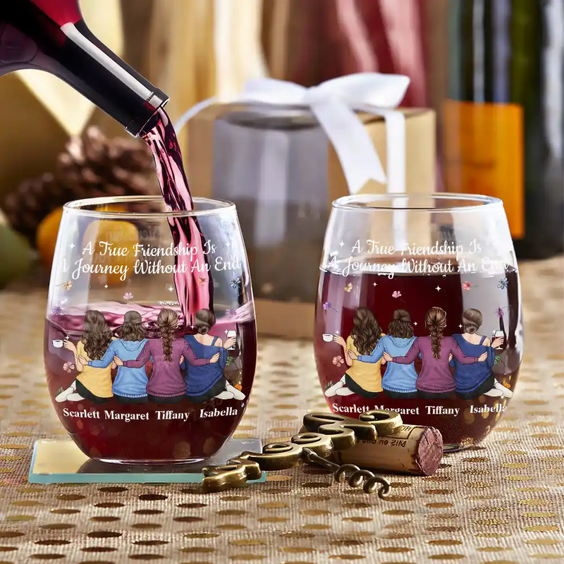 Gift For Bestie, Gift For Sisters, Gift For Women, Gifts For Colleagues, Happy - Bestie A True Friendship Is A Journey Without An End - Personalized Stemless Wine Glass