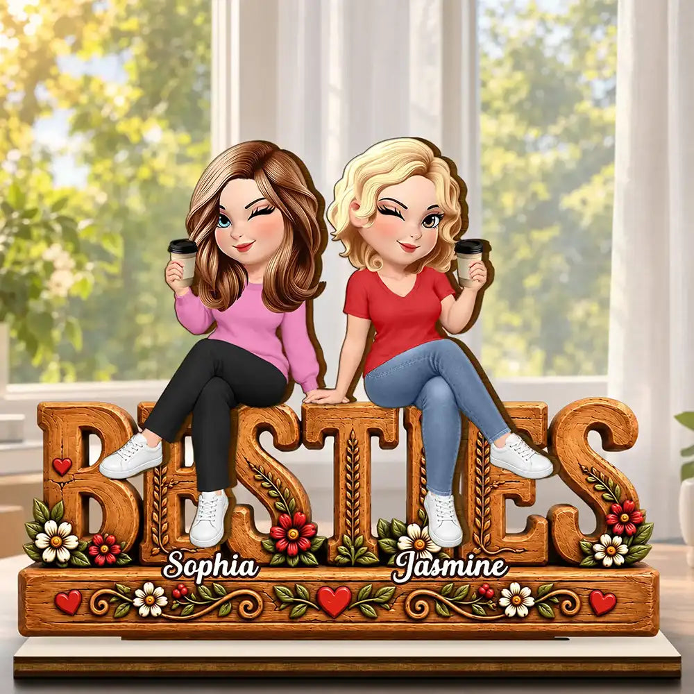 Afro Besties,Christmas,Gift For Bestie,Sentimental,Vector - Bestie Keepsake - Personalized Floral Forever Friends Wooden Plaque