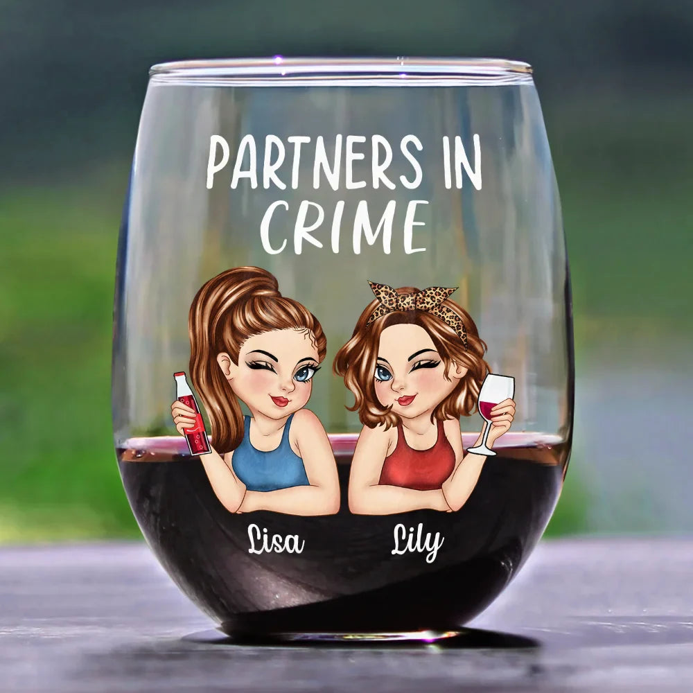 Gift For Bestie, Funny, Gift For Women - Bestie Partners In Crime If We Get Caught - Personalized Stemless Wine Glass