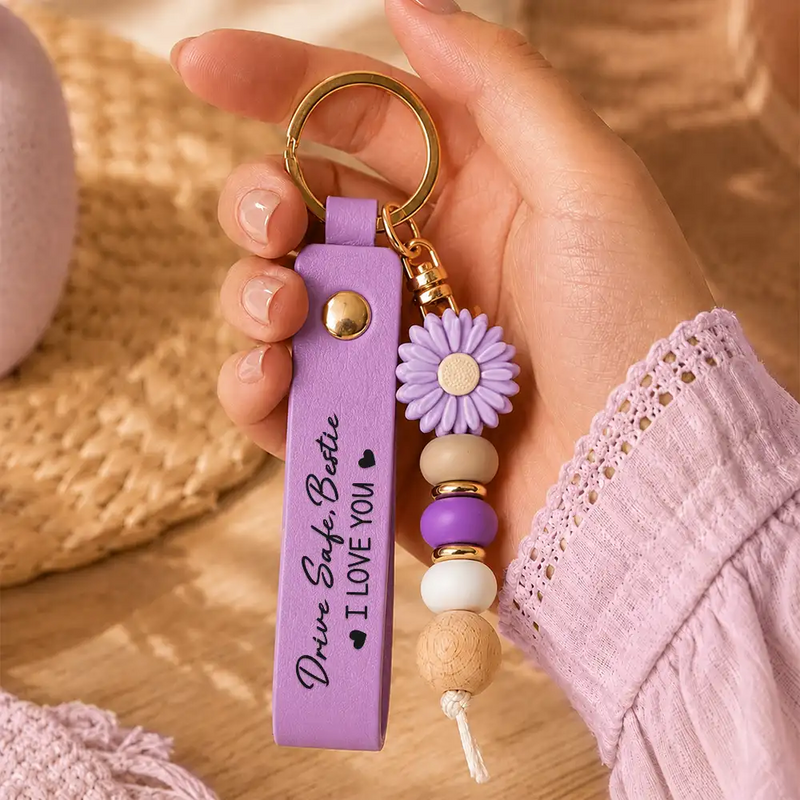 Gift For Bestie,Humorous,Icon - Besties Drive Safe I Love You - Personalized Leather Beaded Keychain