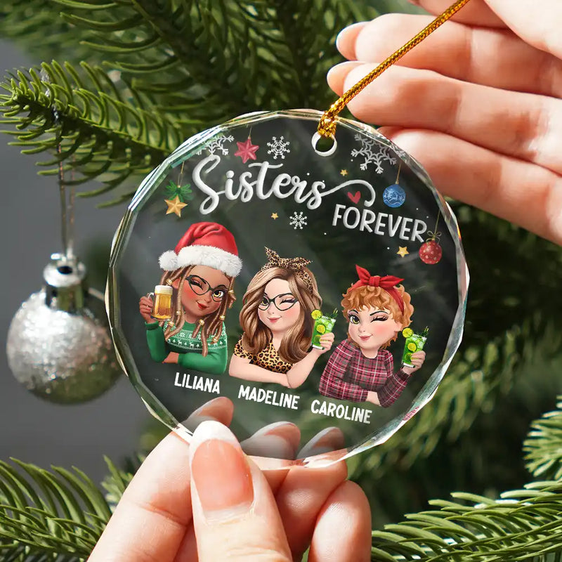 Gift For Bestie, Gift For Sisters, Gift For Women, Gifts For Colleagues, Happy, Christmas - Besties Forever Christmas 3D Effect - Personalized Circle Glass Ornament