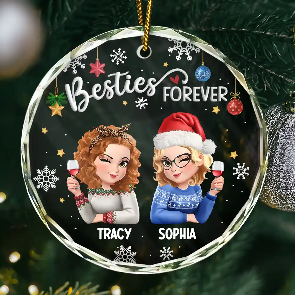 Besties Forever Christmas 3D Effect - Personalized Circle Glass Ornament
