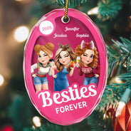 Gift For Bestie,Gift For Sisters,Happy,Gift For Women,Christmas - Besties Forever Pink Action Figure 3D Effect - Personalized Oval Glass Ornament