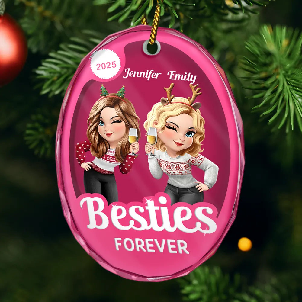 Gift For Bestie,Gift For Sisters,Happy,Gift For Women,Christmas - Besties Forever Pink Action Figure 3D Effect - Personalized Oval Glass Ornament