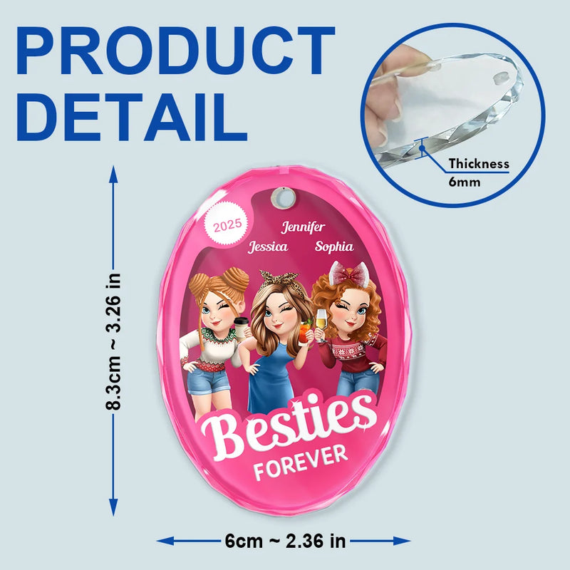Gift For Bestie,Gift For Sisters,Happy,Gift For Women,Christmas - Besties Forever Pink Action Figure 3D Effect - Personalized Oval Glass Ornament