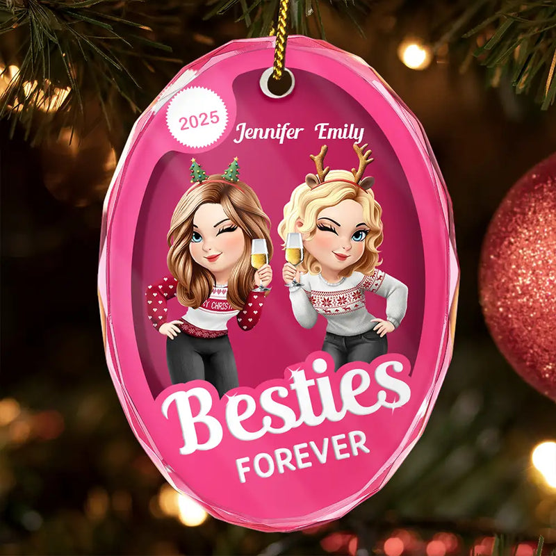 Gift For Bestie,Gift For Sisters,Happy,Gift For Women,Christmas - Besties Forever Pink Action Figure 3D Effect - Personalized Oval Glass Ornament