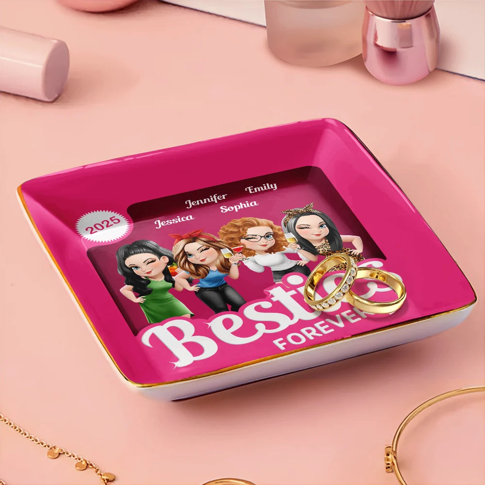 Gift For Bestie,Gift For Sisters,Happy,Gift For Women - Besties Forever Pink Action Figure 3D Effect - Personalized Ring Dish